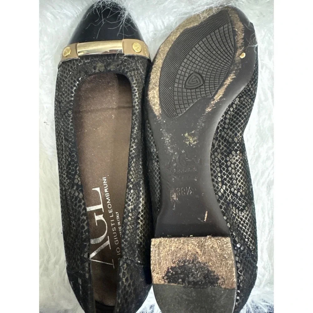 AGL Attilio Giusti Leombruni Black Snakeskin Patent Cap Toe Ballet Flats 38.5 EU